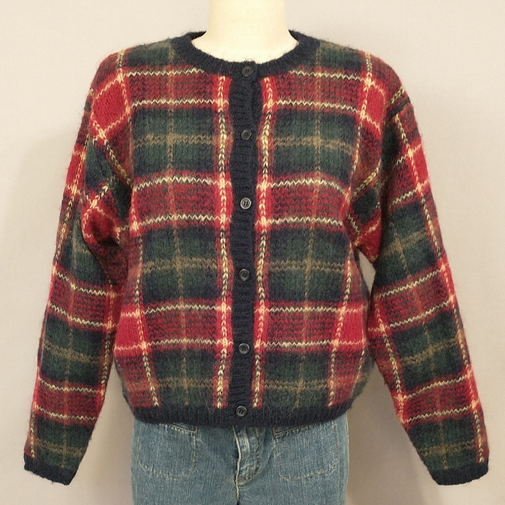 Vintage Plaid Mohair Cardigan Red Green Tan Vintage 80s Quality Classic Sweater